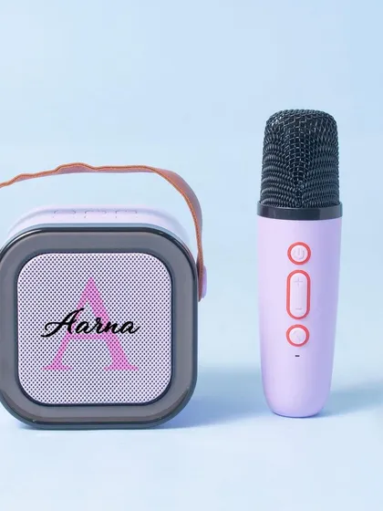 The full karaoke set in a lovely lilac color. The speaker can be personalised with a name or initial, and it comes with a matching microphone.