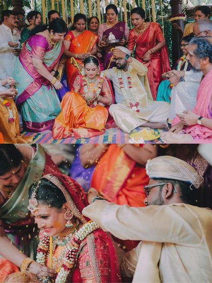 A collage showing the significant rituals of a South Indian wedding, including the tying of the mangalsutra and the showering of rice, all surrounded by family.