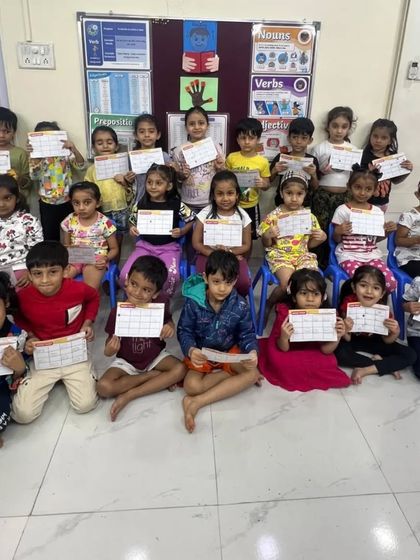 My Senior KG students proudly holding up their sight word bingo cards. This activity is a fantastic way to build word recognition speed and accuracy, which are essential skills for fluent reading.