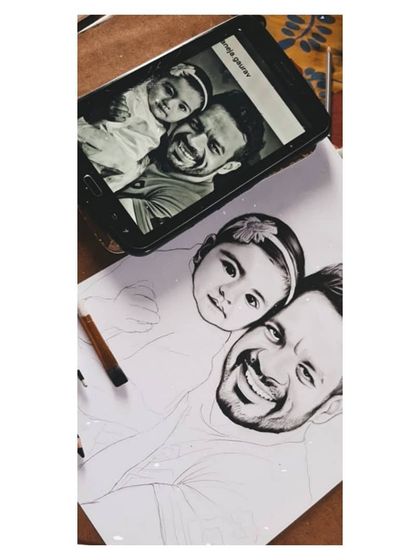 The 48-hour process of creating the 'Flying Beast' family portrait. You can see how I sketched both Gaurav and his daughter to capture their bond.