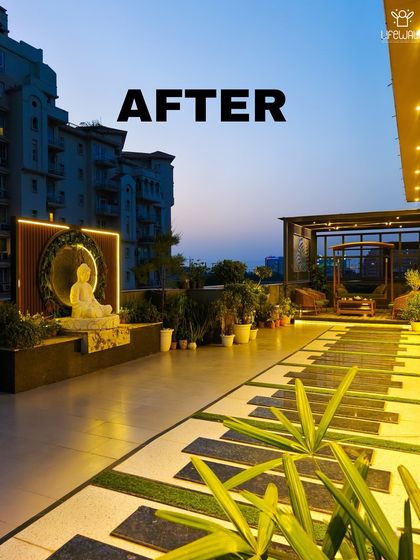 A wider view of the piano-key terrace, showing the "after" state. The design combines a zen Buddha corner with a playful, musical pathway and a covered seating area for a truly unique space.