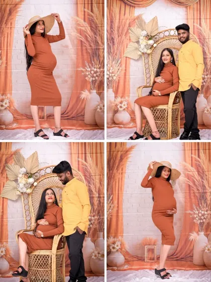 A collection of stylish poses from a Boho-themed maternity shoot. The mom-to-be looks radiant in a rust-colored dress, posing both solo and with her partner.