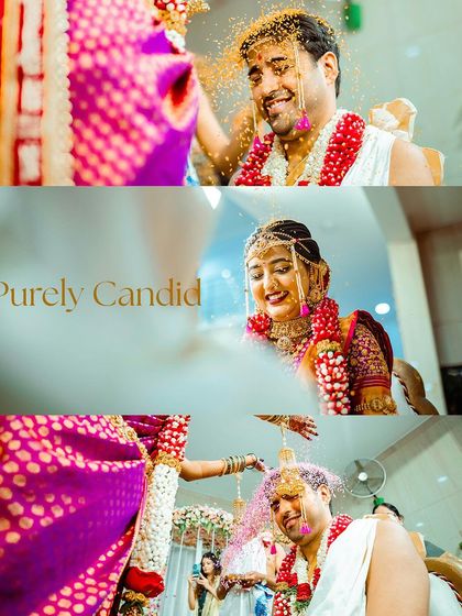 A collage focusing on the candid smiles and laughter during the Talambralu, or rice pouring ritual.