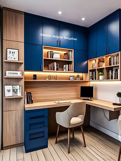 For this compact home office, I used a bold blue and natural wood combination to create a striking look. The L-shaped desk maximizes corner space, and the custom cabinetry provides a mix of open and closed storage for a clutter-free environment.