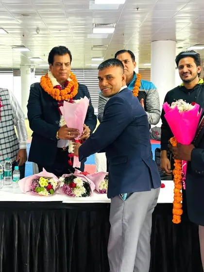 A warm welcome from multiple officials at the SGFI trials. It shows the unity and collaborative spirit within the Delhi karate community.