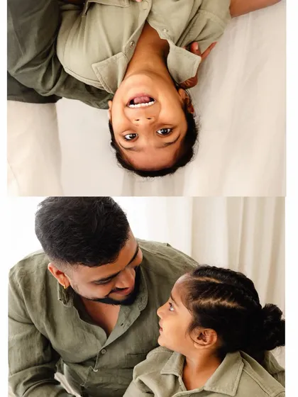 A playful collage showing two sides of a father-son relationship. One moment of silly fun, and another of quiet connection, both equally precious.