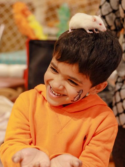 A boy giggles as a small white mouse perches on his head. Our magic shows are full of surprises and funny moments.