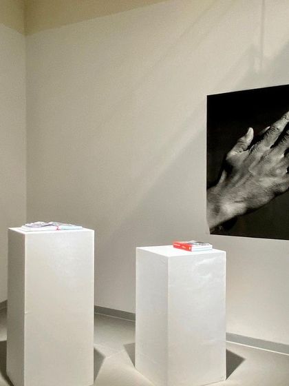An exhibition corner in the Museum of Art and Photography (MAP), where simple white pedestals and focused lighting create a minimalist setting for the artwork. The architecture is designed to serve the art, not overpower it.