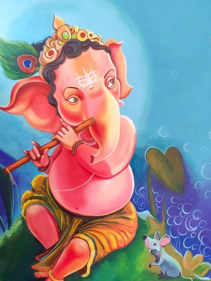 A close up shot of the 'Venu Ganapa' painting, focusing on the expressive face and delicate details like the peacock feather and the flute. This highlights the character and personality I aim to bring to each deity portrait.