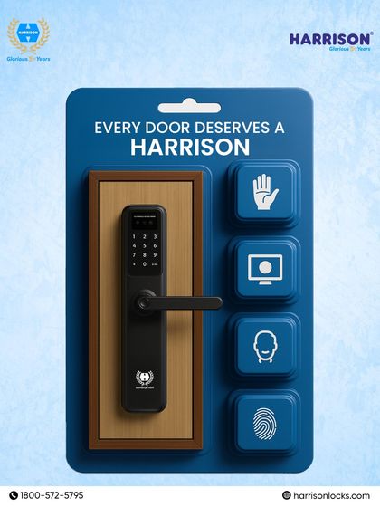 Every door deserves a Harrison. This graphic illustrates the multiple ways to access our smart locks, from palm and fingerprint recognition to app and PIN control, showcasing how security meets simplicity.