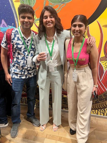 A candid moment with Gurleen Pannu at the Meta event. Her styled look stands out, showing how a power suit can be both professional and approachable.