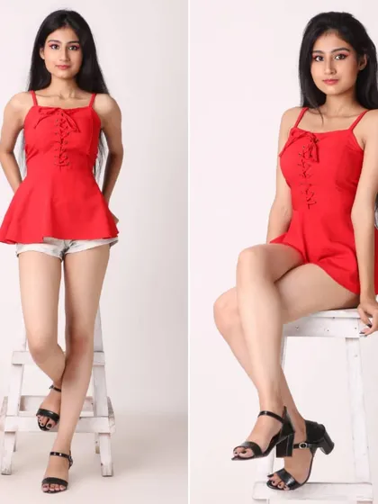 A model in a red peplum top and shorts, demonstrating poses for a summer collection lookbook. The white background keeps the focus entirely on the outfit.