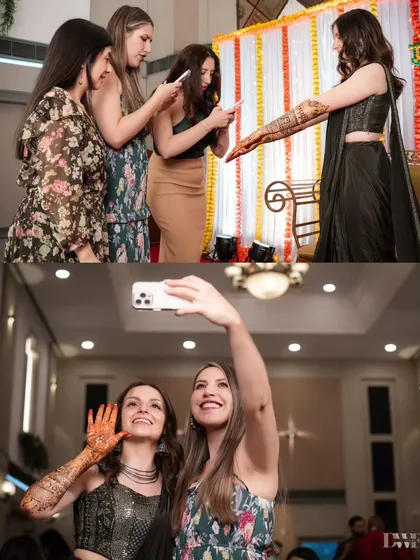A collage showing the bride and her friends from abroad taking selfies and admiring her henna, a beautiful moment of cultural exchange and friendship.