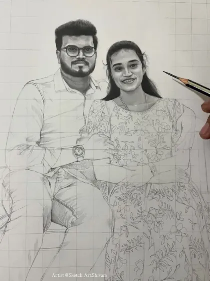 The full view of the A3 couple portrait for my Tamil Nadu client, showing the grid lines I use for accuracy before the final shading.