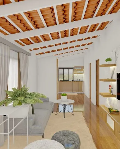 A living room design with an exposed terracotta tile ceiling, giving it a rustic yet modern charm. The space is designed to be compact, functional, and stylish.