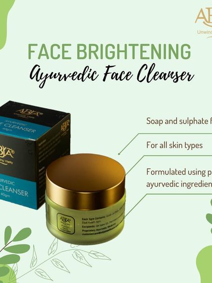 This graphic highlights the key benefits of my Face Brightening Ayurvedic Face Cleanser: soap-free, for all skin types, and formulated with pure Ayurvedic ingredients.