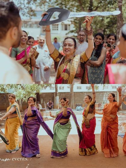 Joyful moments from the wedding, including the mother-in-law playfully presenting a giant key to the bride.