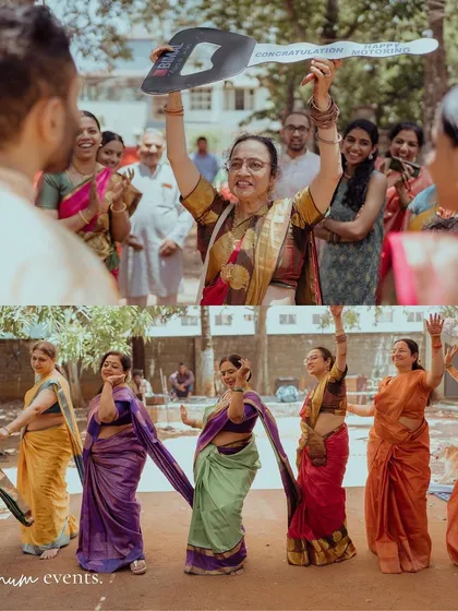 Joyful moments from the wedding, including the mother-in-law playfully presenting a giant key to the bride.