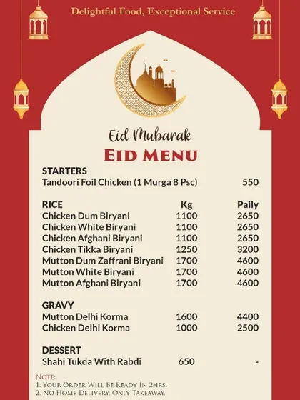 For Eid and other big celebrations, we handle bulk orders too. This menu shows our prices for Chicken and Mutton Biryani by the kilogram and by the palli (large pot), as well as our famous Delhi Korma.