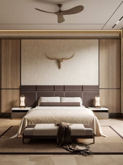 Multiple views of a bedroom with a rustic-modern aesthetic, featuring wood paneling and a decorative bull skull. Our renders capture the warm, earthy tones and the balance between rugged and refined elements.