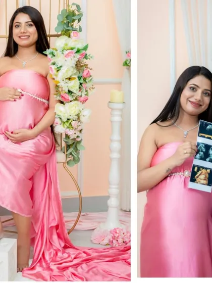 A collage showing a solo portrait and a close-up with the sonogram. This is a wonderful way to announce the pregnancy and celebrate the journey so far.