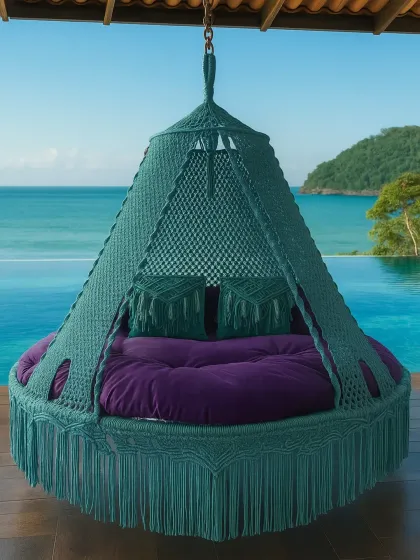 Imagine this being your personal spot to relax. Our handmade macrame bed swing, shown here in a beautiful teal, is perfect for any porch or balcony with a view. We make it strong and comfortable, so all you have to do is unwind.