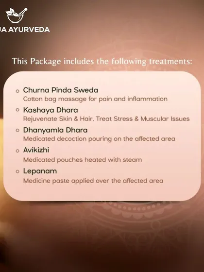 For conditions like Rheumatoid Arthritis (Amavata), I offer specific treatment packages. This list includes therapies like Churna Pinda Sweda and Kashaya Dhara to reduce pain and inflammation.