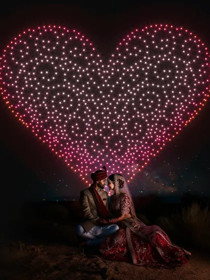 Let's create the ultimate romantic backdrop for your wedding photos. I can position a giant, glowing heart in the sky, providing a spectacular and unique setting that makes your special day truly one-of-a-kind.
