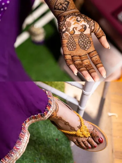 A peek at the intricate peacock design on the hand and the matching pattern on the foot.