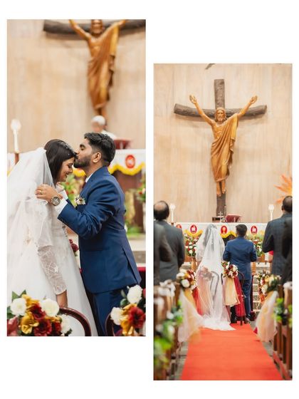 A diptych from a church ceremony, capturing a tender kiss on the forehead and the couple walking down the aisle. It shows both intimacy and the grand exit.