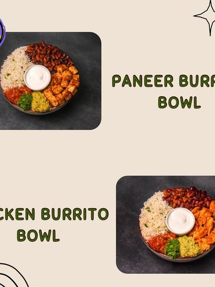 Our Burrito Bowls are a customer favorite, available with either paneer or chicken. Each bowl is a colorful and complete meal, packed with protein, rice, beans, and fresh toppings.