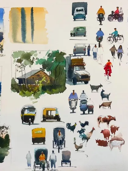 This is a practice sheet from my advanced watercolor class. It includes studies of small landscapes, vehicles, animals, and figures, which are all essential elements for creating complex scenes.