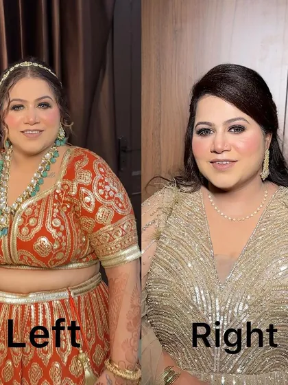 Which look do you like the most, left or right? This client is rocking two different traditional looks, one in a red lehenga and another in a golden gown, both with beautiful makeup.