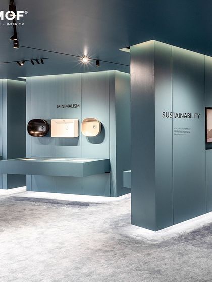 This view shows how I use partitioned walls to create distinct zones for concepts like "Minimalism" and "Sustainability" within the Vitra showroom, guiding the narrative of the brand.