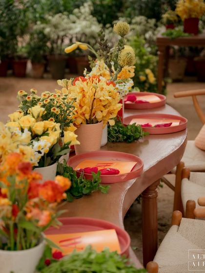 A close-up of the terracotta place settings at the 'Kesar Sehar' Haldi. These simple, earthy details added an authentic and thoughtful touch to the tablescape.