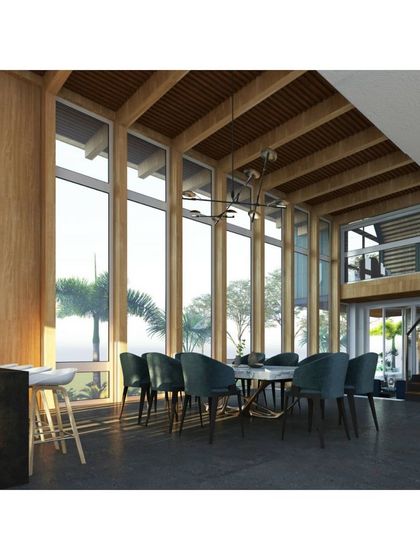 Another view of our Tamil Nadu proposal, showcasing the interplay of light, wood, and space. The design uses sustainable materials like glulam and CLT to create a modern yet earthy aesthetic.