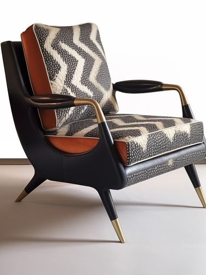 This design inspiration shows a mid-century modern style armchair. It combines a sculptural wooden frame with patterned upholstery and brass-tipped legs, showcasing the kind of custom work I can create.