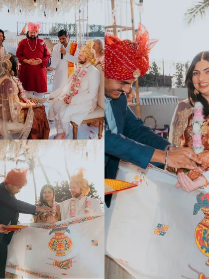 A collection of moments from a traditional Hindu wedding, highlighting the various rituals and the involvement of family members in the ceremony.