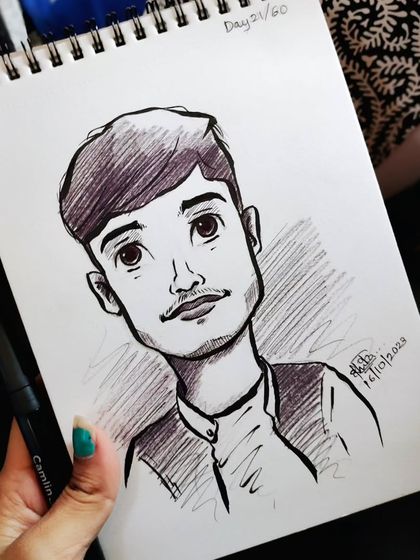 A simple and clean caricature of a young man. The focus is on the eyes and the neat hairstyle.