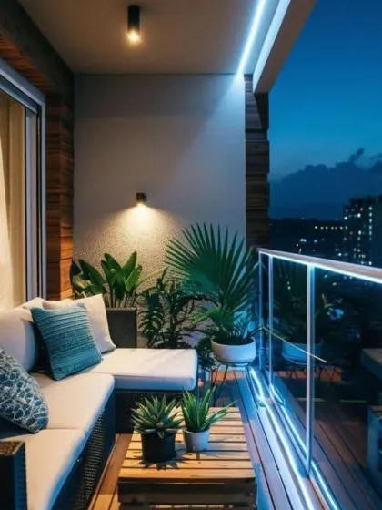 This night view showcases the transformative power of a well-planned lighting scheme. We used blue LED strip lighting along the glass railing and subtle wall sconces to create a vibrant and futuristic ambiance for this modern balcony lounge.