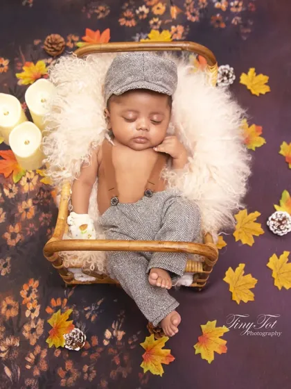 A wider angle of the autumn setup, showcasing the rich, warm colors of the backdrop and scattered leaves. The sleeping baby is the peaceful center of this cozy, seasonal scene.