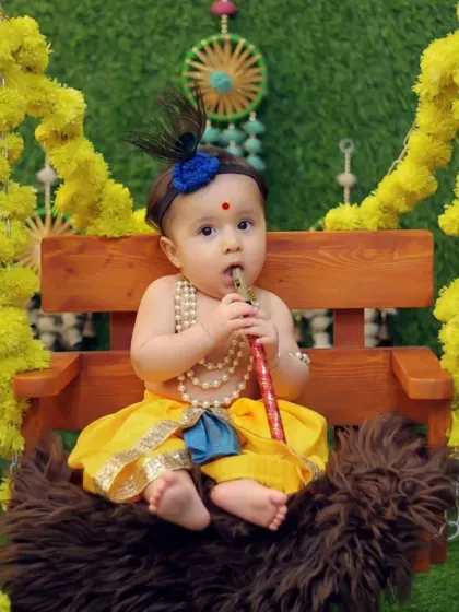 Capturing a candid moment during the Krishna shoot, with the baby holding a flute to their mouth. The green grass background and swing setup add a touch of authenticity.