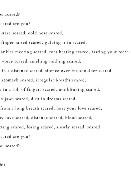 'are you scared?'. A poem that catalogues the physical and emotional landscape of fear.