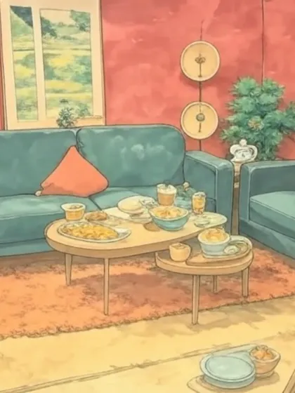 A cozy living room scene, filled with snacks and treats, all rendered in the beautiful, nostalgic style of Studio Ghibli. This AI artwork reflects our ability to create a complete mood and story, even in a conceptual format.