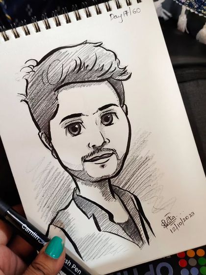 A caricature sketch of a young man. The focus here is on the hair and the gentle expression.