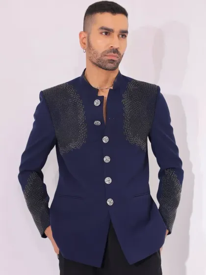 The full look of the modern navy Jodhpuri suit.