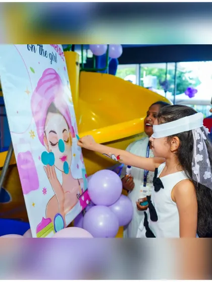 It's not just about themes, but also about the fun activities. Our pamper parties include unique games like this 'Pin the Spot' activity, ensuring giggles and engagement for all the kids.