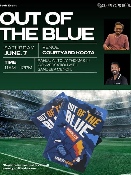 The official poster for the "Out of the Blue" book event, featuring authors Rahul Antony Thomas and Sandeep Menon.
