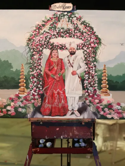 The finished painting from a fairytale wedding in the Mahabaleshwar hills. The floral arch and mountain scenery created a magical setting.