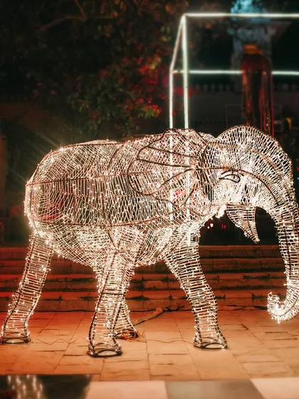 A majestic elephant, crafted from wire and fairy lights, stood as a whimsical and glowing installation, blending tradition with a touch of modern artistry for this nighttime event.